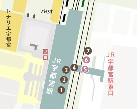 JR宇都宮駅東口バスレーン「5番」もしくは「6番」乗り場